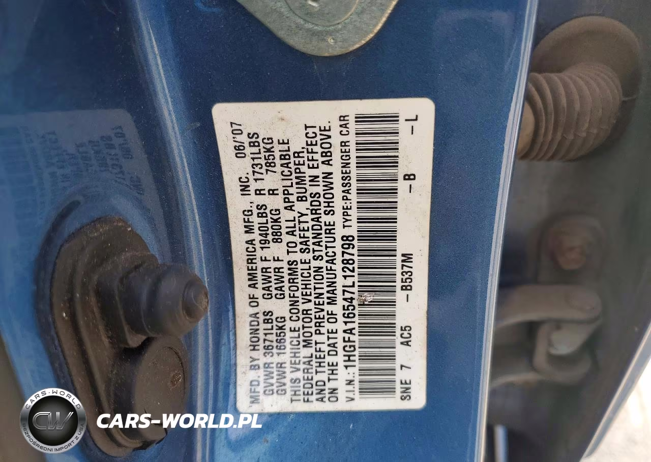 2007 Honda Civic Lx VIN:1HGFA16547L128798 - 12