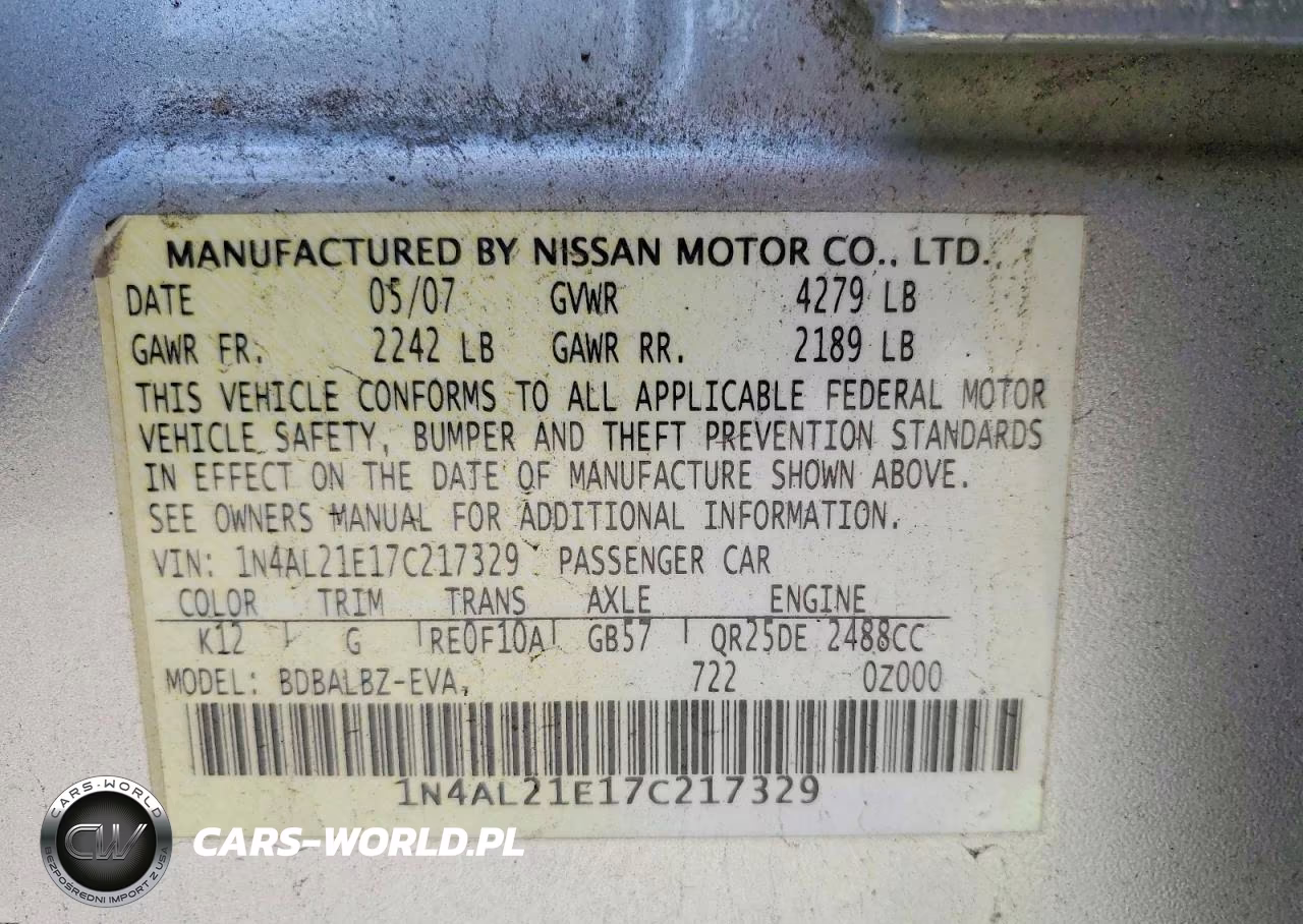 2007 Nissan Altima 2.5 VIN:1N4AL21E17C217329 - 12