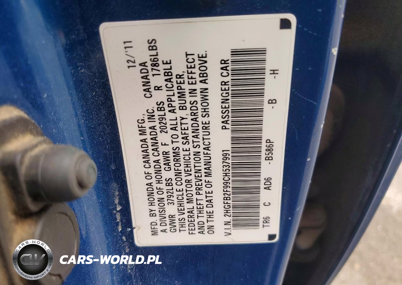 2012 Honda Civic Exl VIN:2HGFB2F99CH537991 - 12