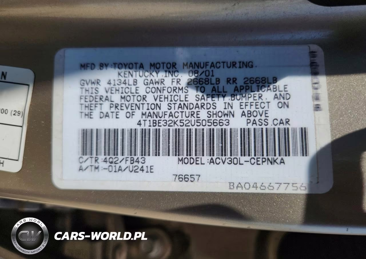 2002 Toyota Camry Le VIN:4T1BE32K52U505663 - 12