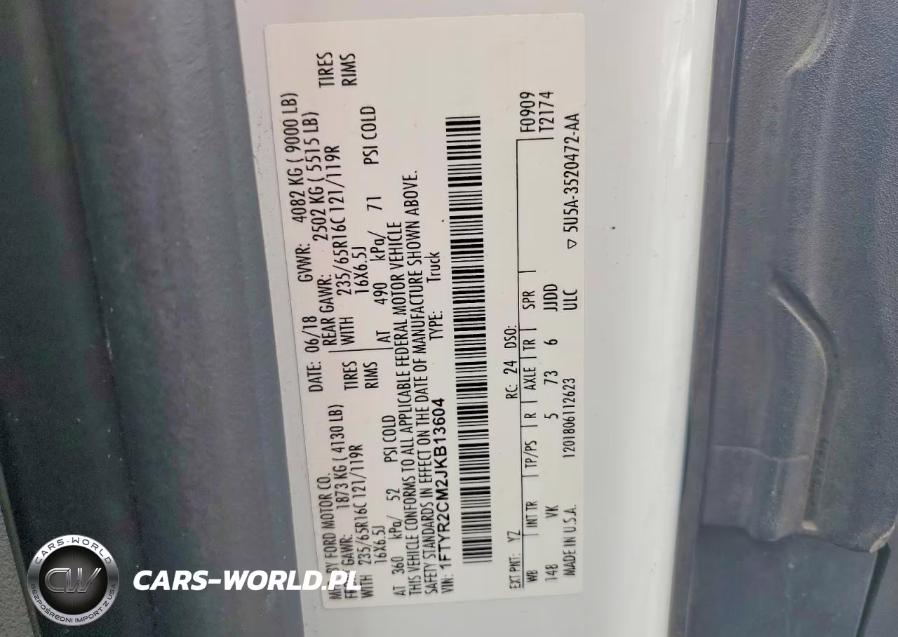 2018 Ford Transit T-250 VIN:1FTYR2CM2JKB13604 - 13