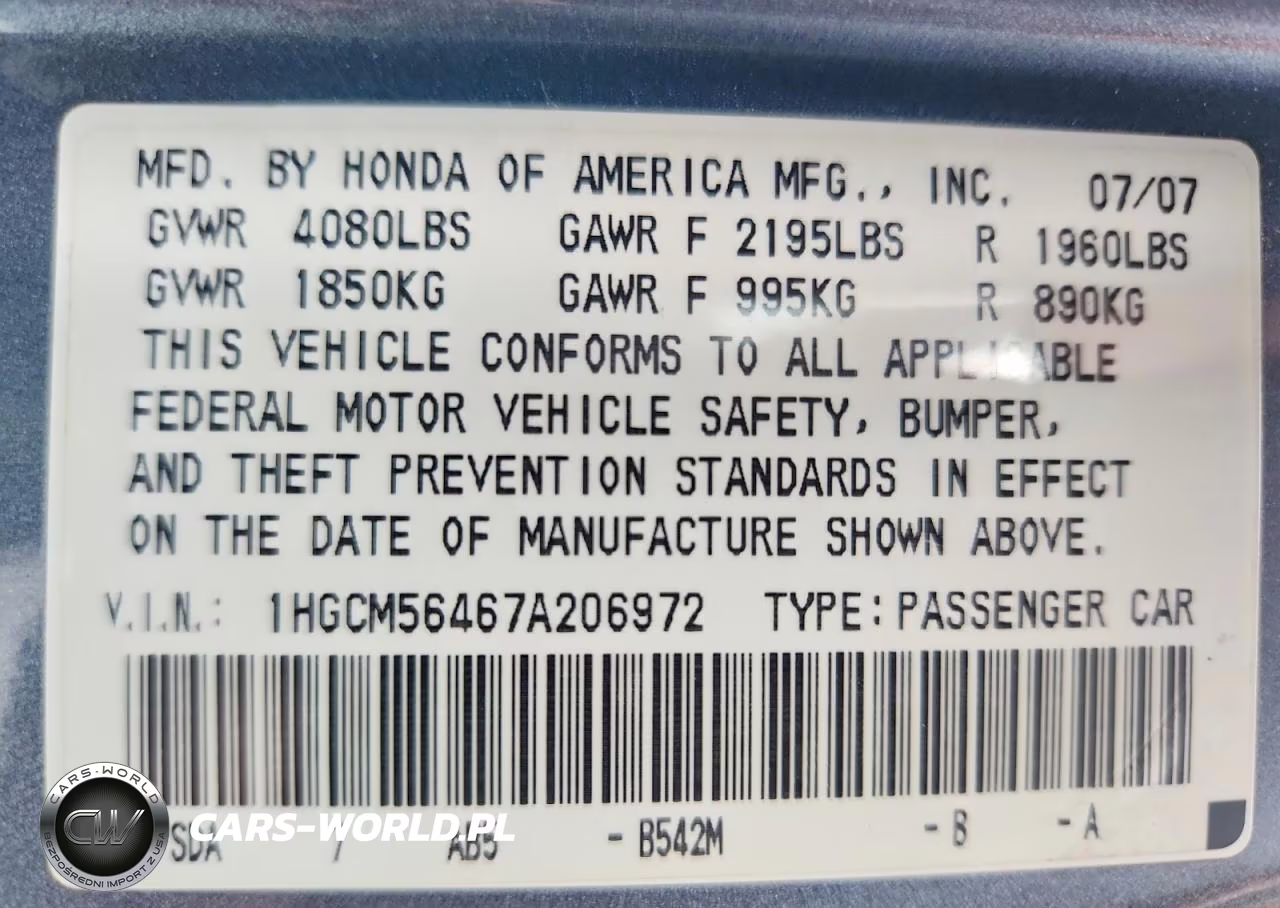 2007 Honda Accord Lx VIN:1HGCM56467A206972 - 12