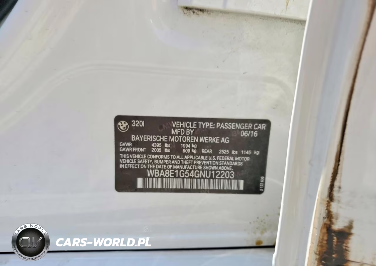 2016 BMW 320 I VIN:WBA8E1G54GNU12203 - 12