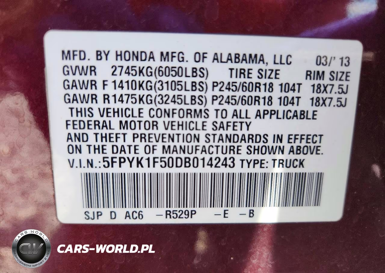 2013 Honda Ridgeline Rtl VIN:5FPYK1F50DB014243 - 12