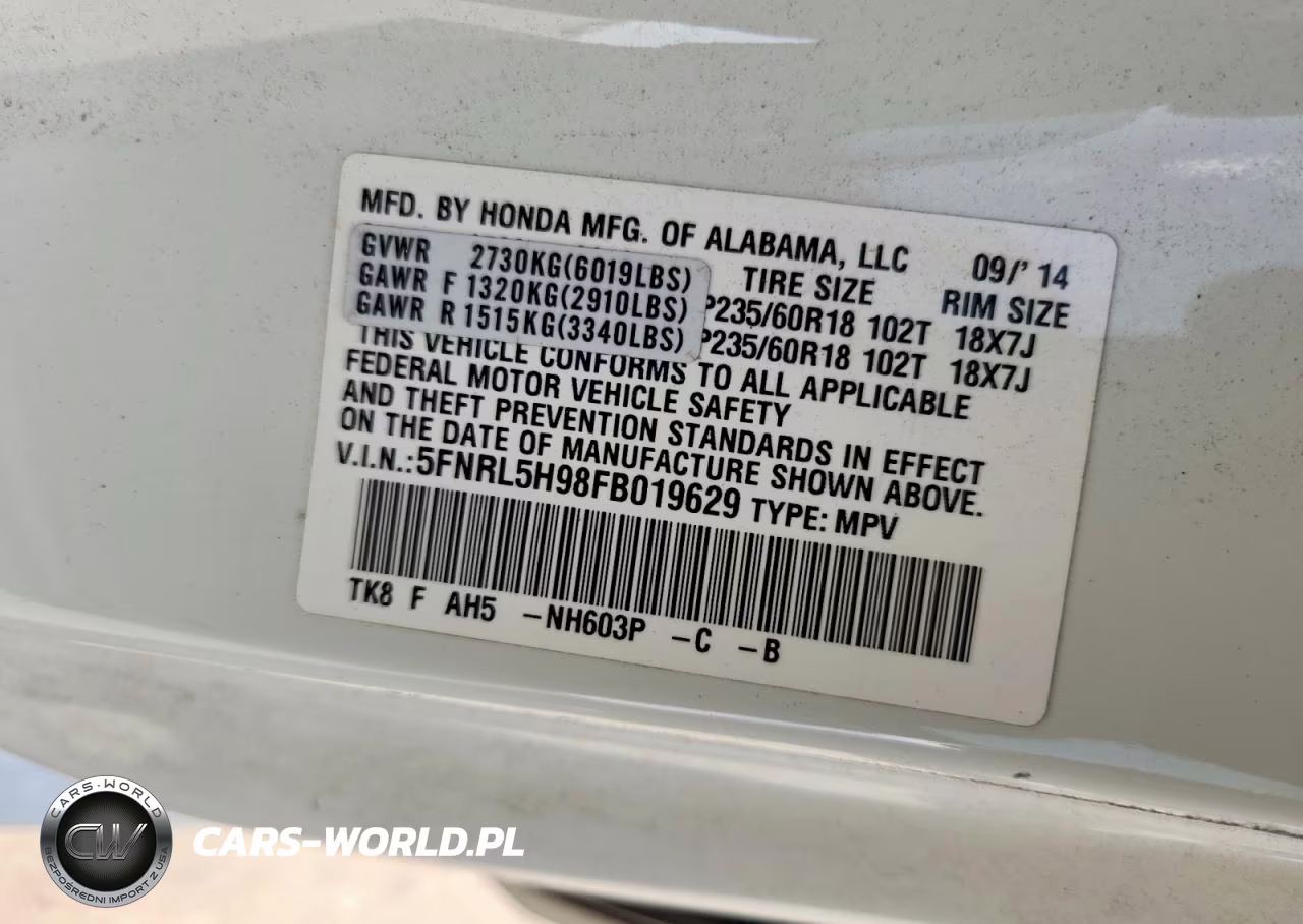 2015 Honda Odyssey Touring VIN:5FNRL5H98FB019629 - 14