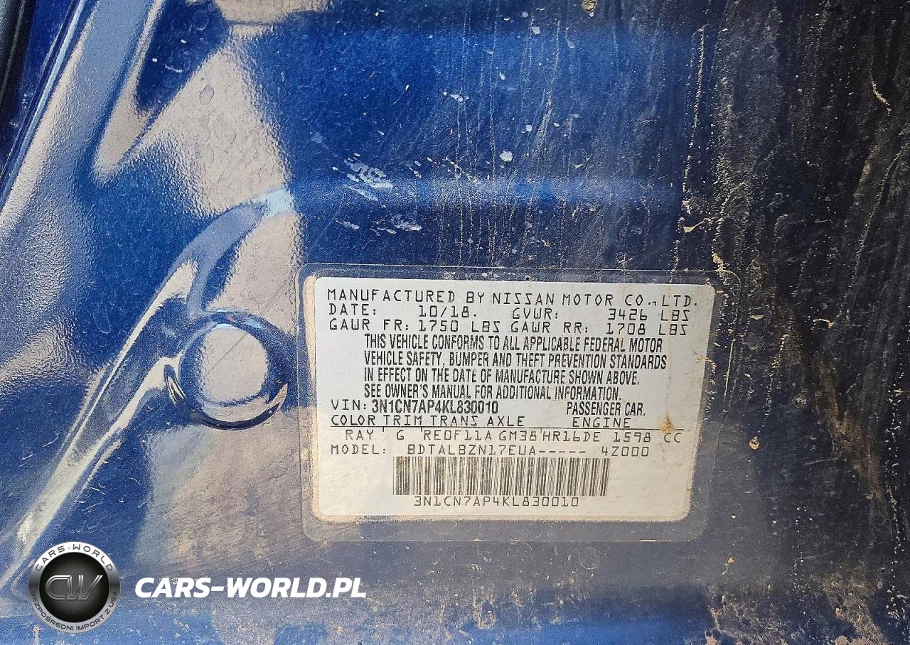 2019 Nissan Versa Sv VIN:3N1CN7AP4KL830010 - 12