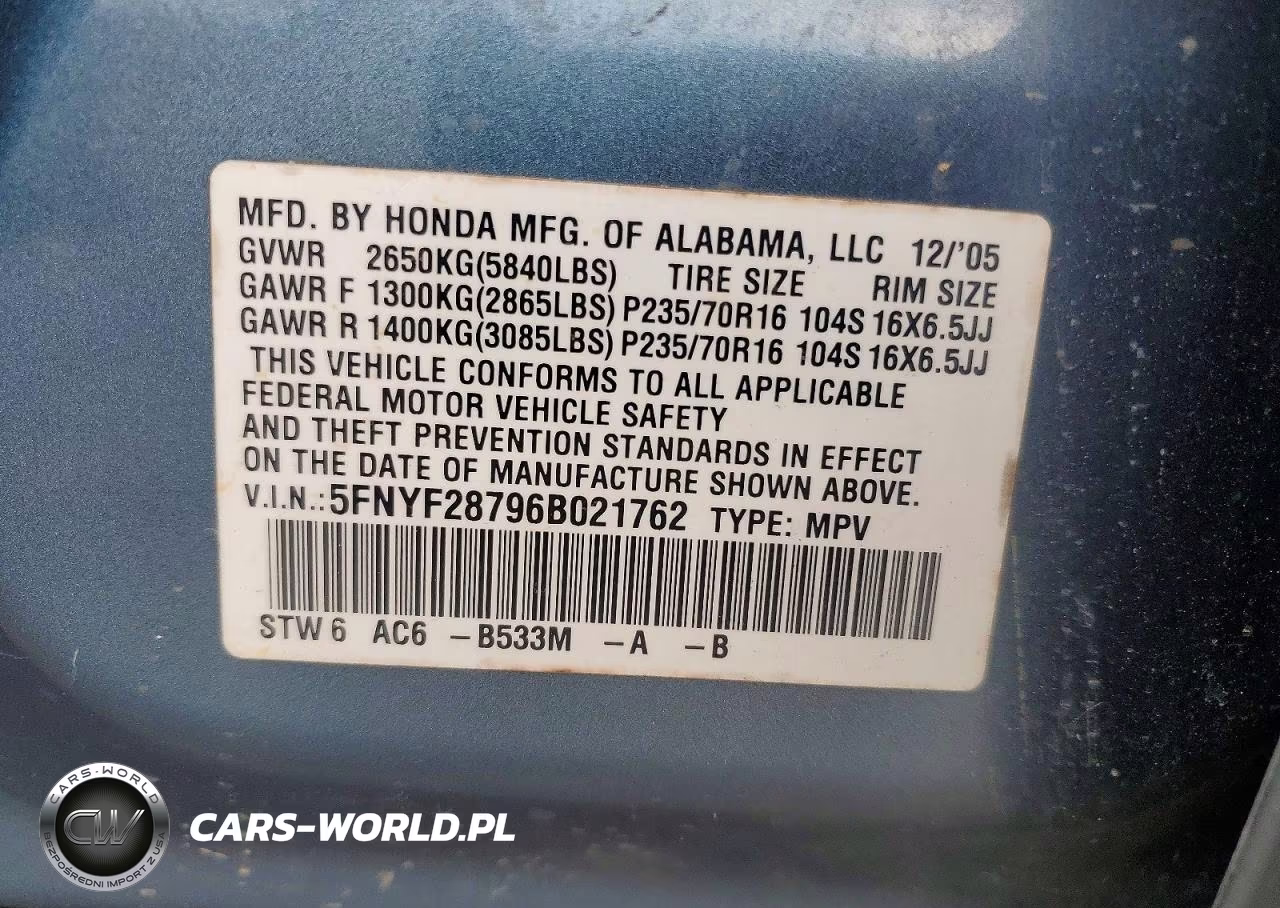 2006 Honda Pilot Ex VIN:5FNYF28796B021762 - 13