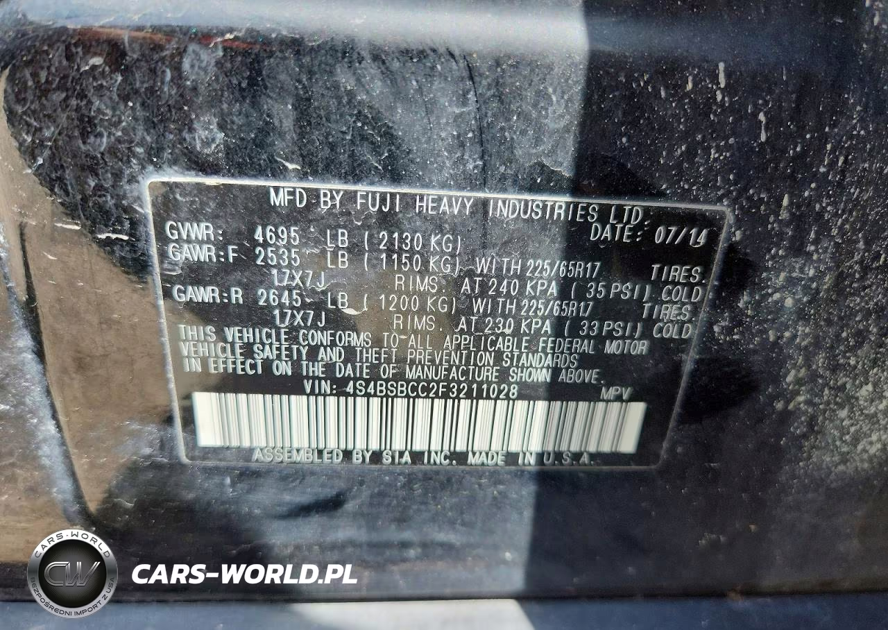 2015 Subaru Outback 2.5I Premium VIN:4S4BSBCC2F3211028 - 14
