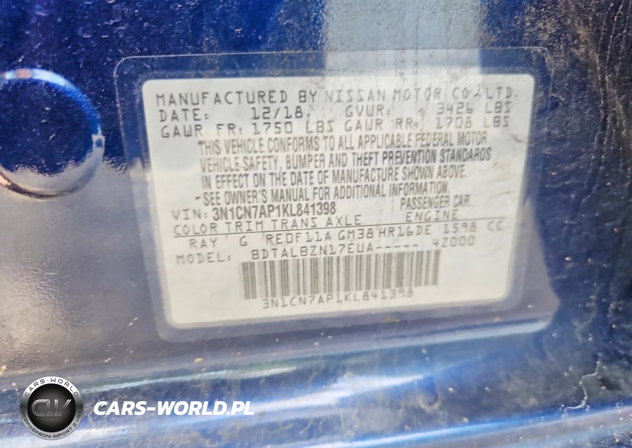 2019 Nissan Versa Sv VIN:3N1CN7AP1KL841398 - 12