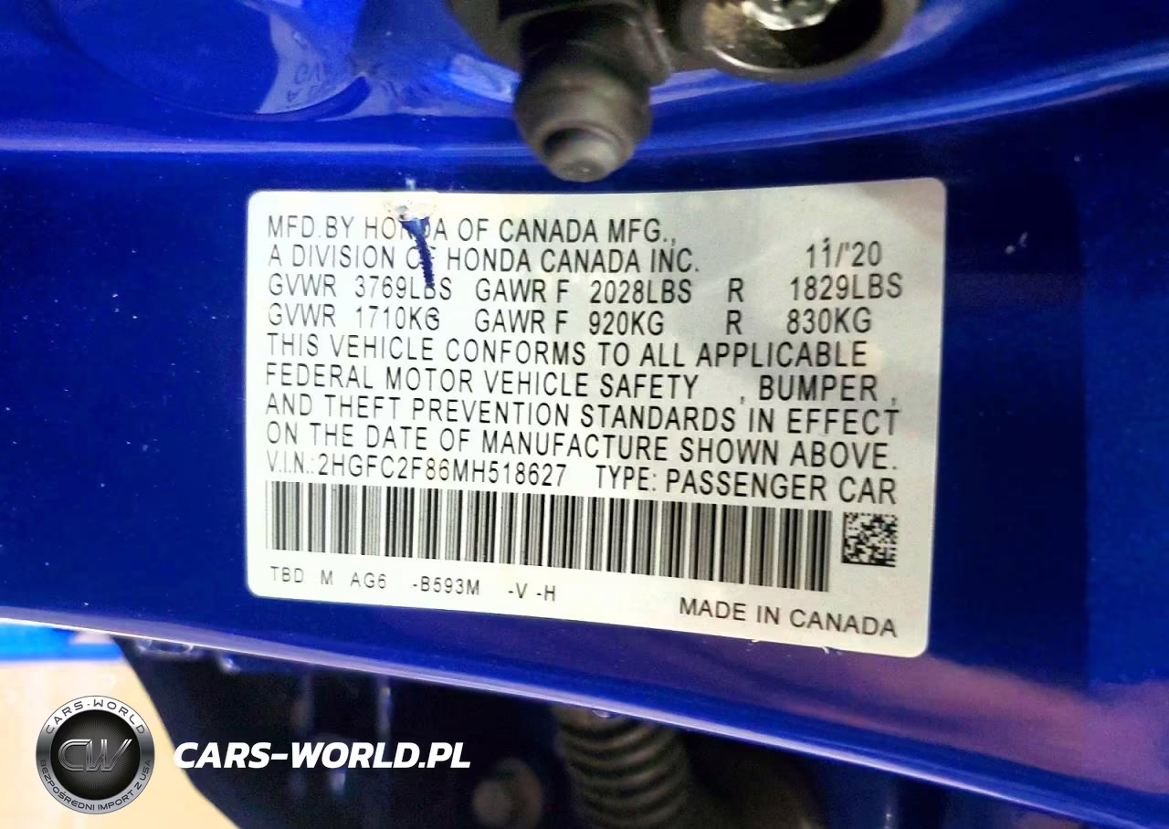 2021 Honda Civic Sport VIN:2HGFC2F86MH518627 - 12