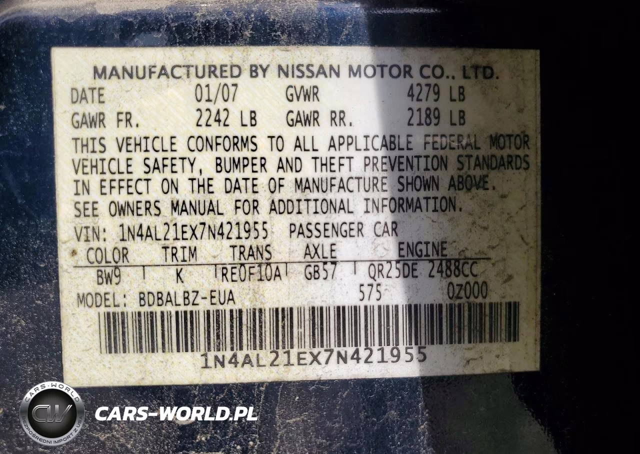 2007 Nissan Altima 2.5 VIN:1N4AL21EX7N421955 - 12