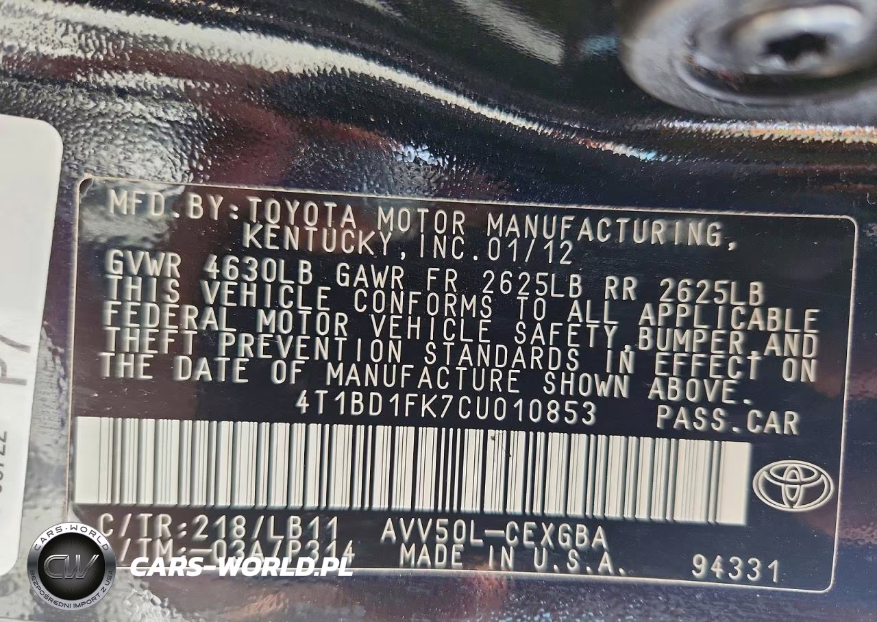 2012 Toyota Camry Hybrid Xle VIN:4T1BD1FK7CU010853 - 12