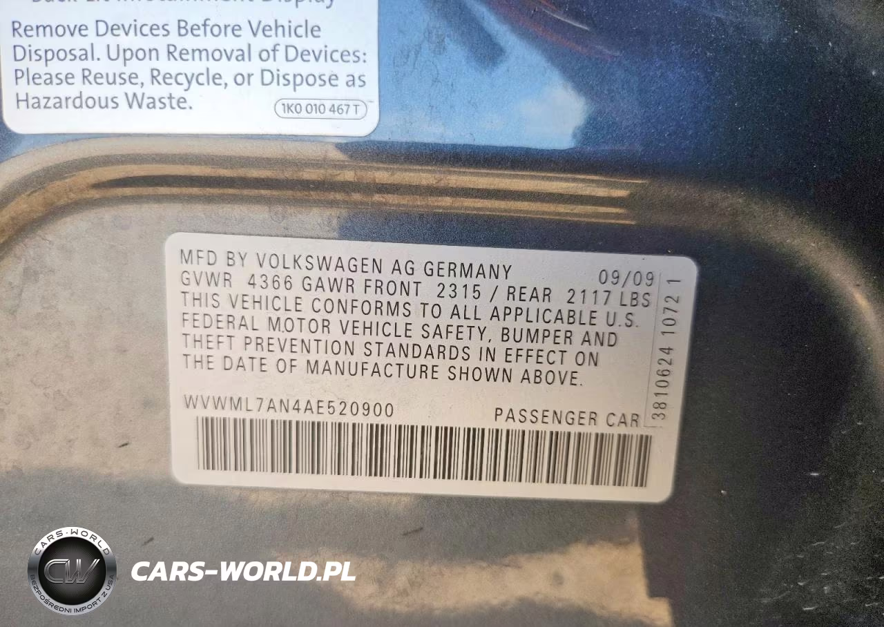 2010 Volkswagen Cc Sport VIN:WVWML7AN4AE520900 - 12