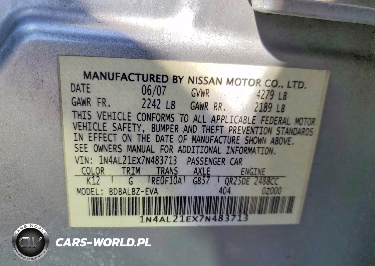 2007 Nissan Altima VIN:1N4AL21EX7N483713 - 12