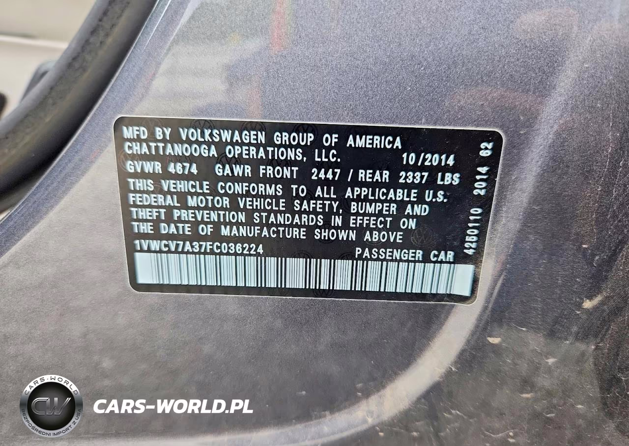 2015 Volkswagen Passat Sel VIN:1VWCV7A37FC036224 - 12
