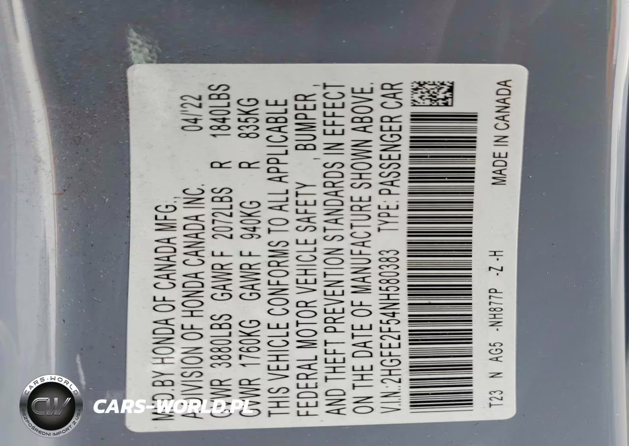 2022 Honda Civic Sport VIN:2HGFE2F54NH580383 - 12