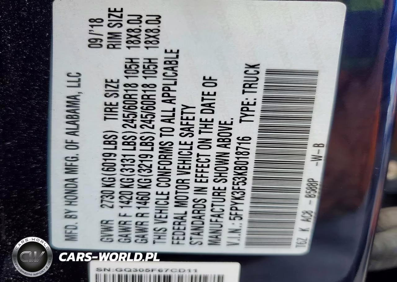 2019 Honda Ridgeline Rtl VIN:5FPYK3F53KB018716 - 12