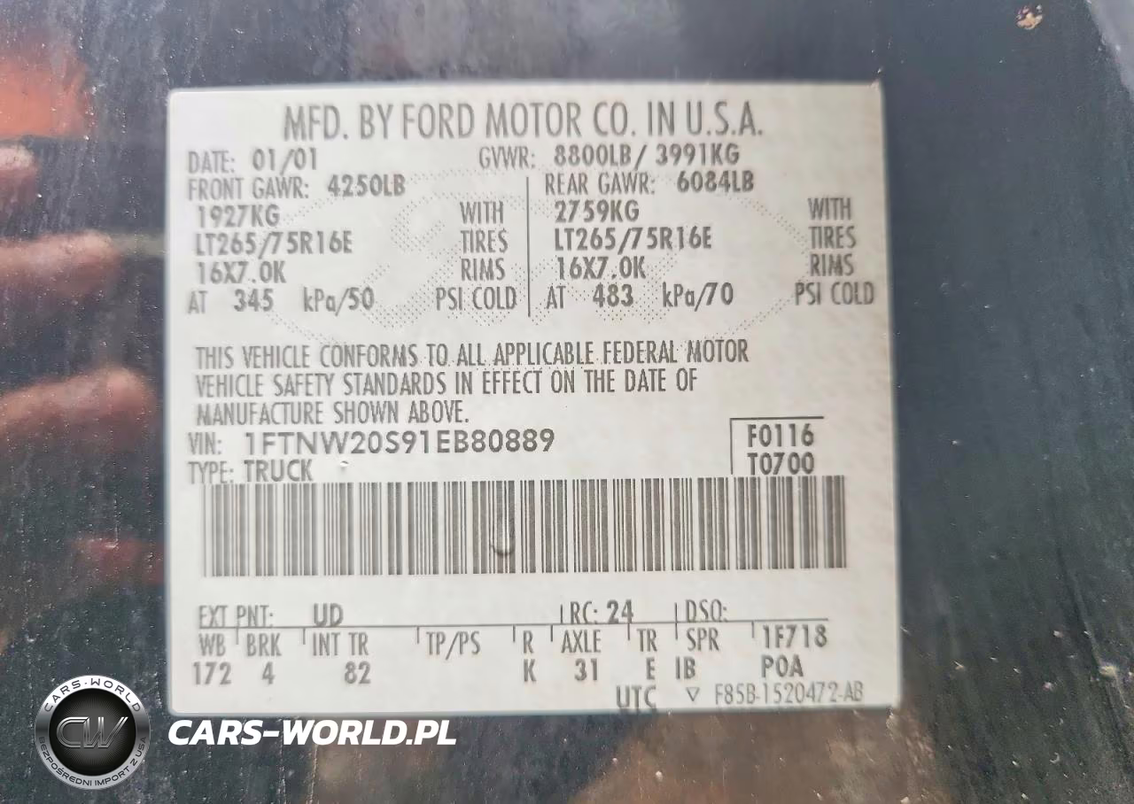 2001 Ford F250 Super Duty VIN:1FTNW20S91EB80889 - 12