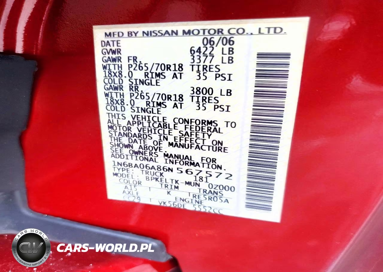 2006 Nissan Titan Xe Ffv VIN:1N6BA06A86N567572 - 12