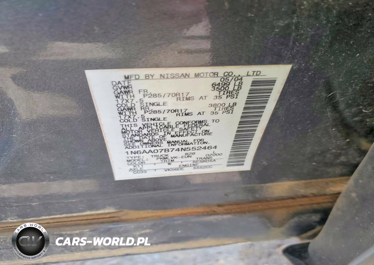 2004 Nissan Titan Xe VIN:1N6AA07B74N552464 - 12