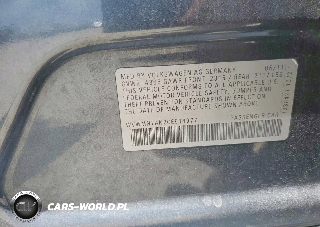 2012 Volkswagen Cc Sport VIN:WVWMN7AN2CE514977 - 12