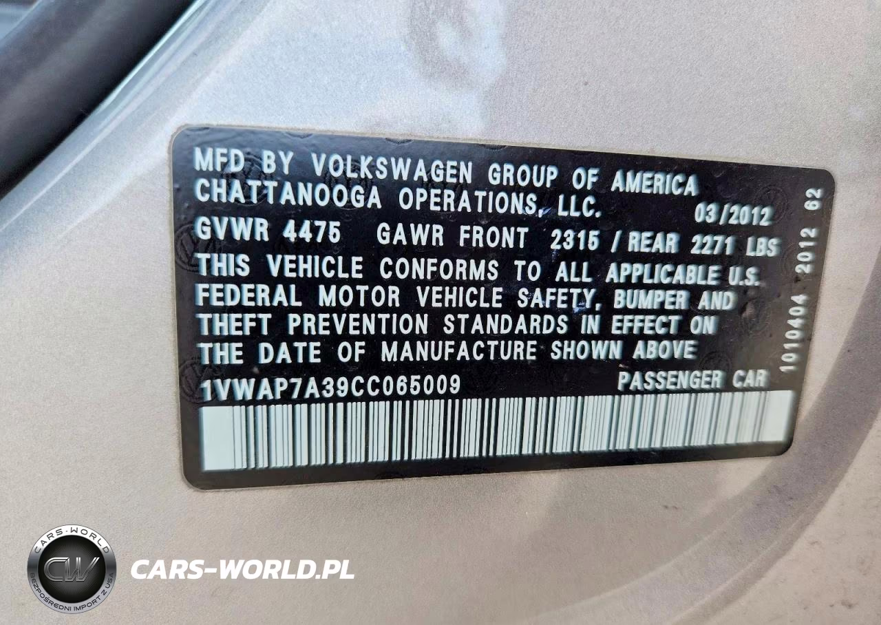 2012 Volkswagen Passat S VIN:1VWAP7A39CC065009 - 12