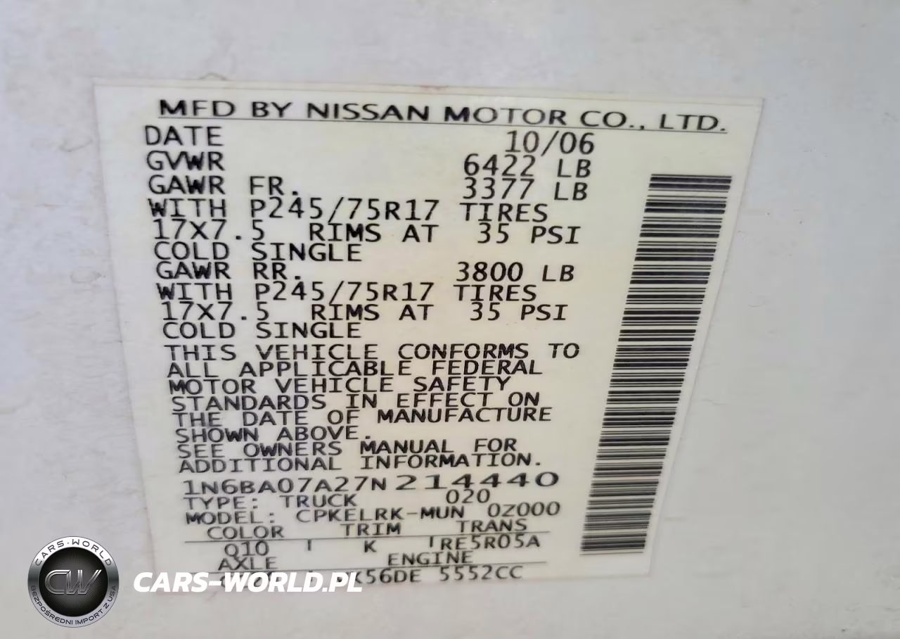 2007 Nissan Titan Xe Ffv VIN:1N6BA07A27N214440 - 12