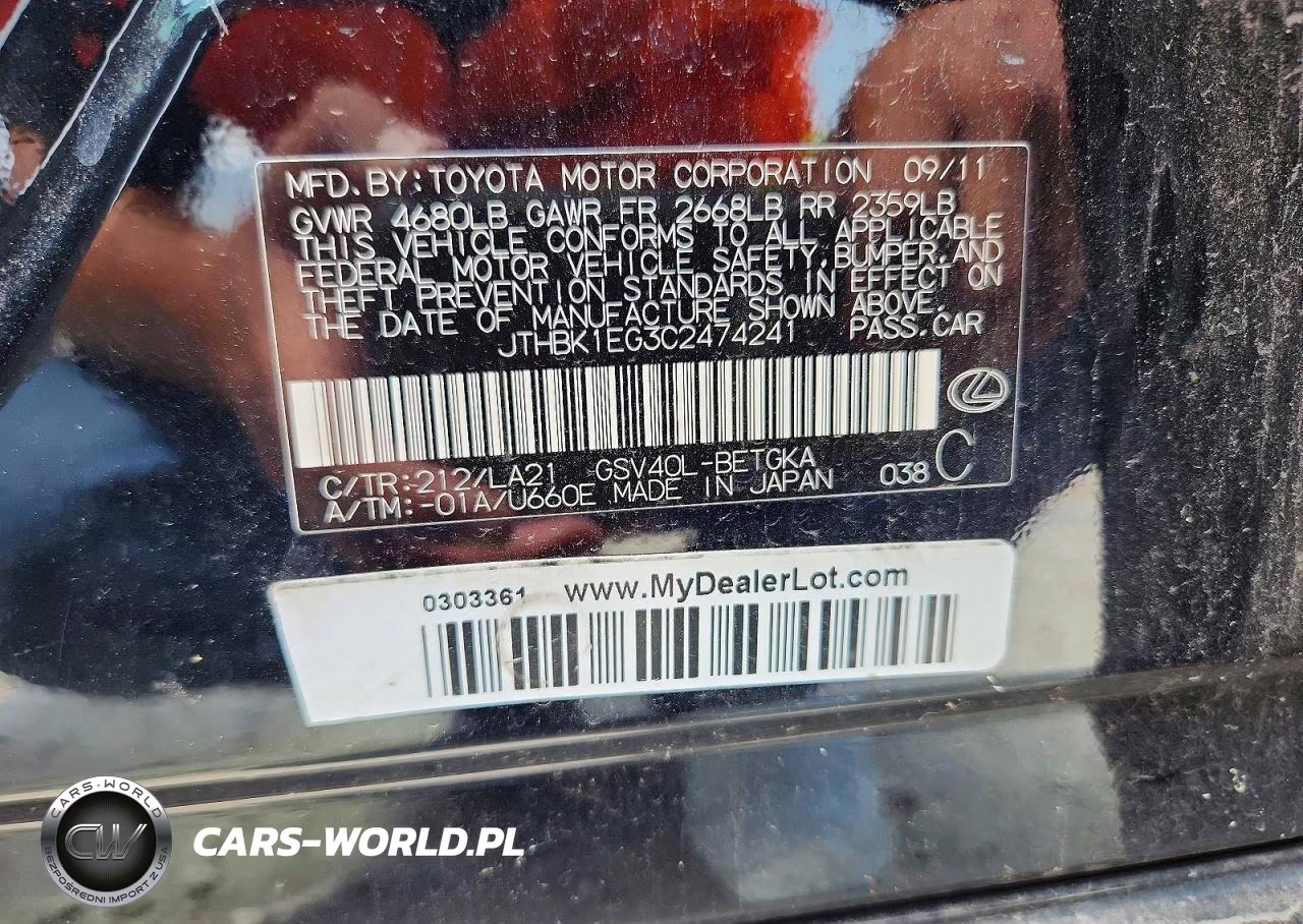 2012 Lexus Es 350 VIN:JTHBK1EG3C2474241 - 12