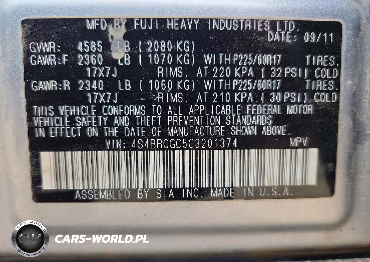 2012 Subaru Outback 2.5I Premium VIN:4S4BRCGC5C3201374 - 13