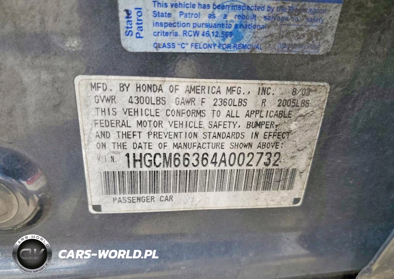2004 Honda Accord Lx VIN:1HGCM66364A002732 - 12