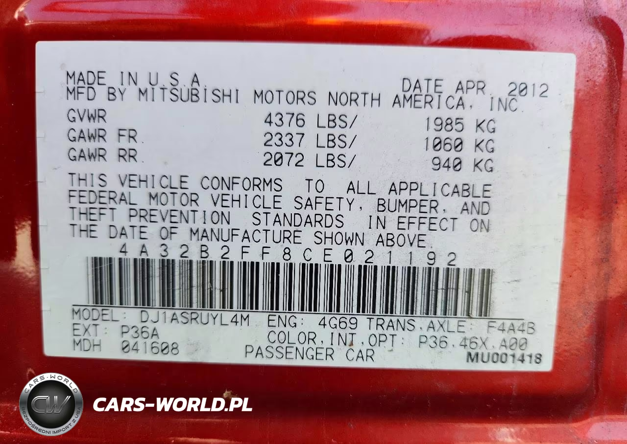2012 Mitsubishi Galant Fe VIN:4A32B2FF8CE021192 - 12
