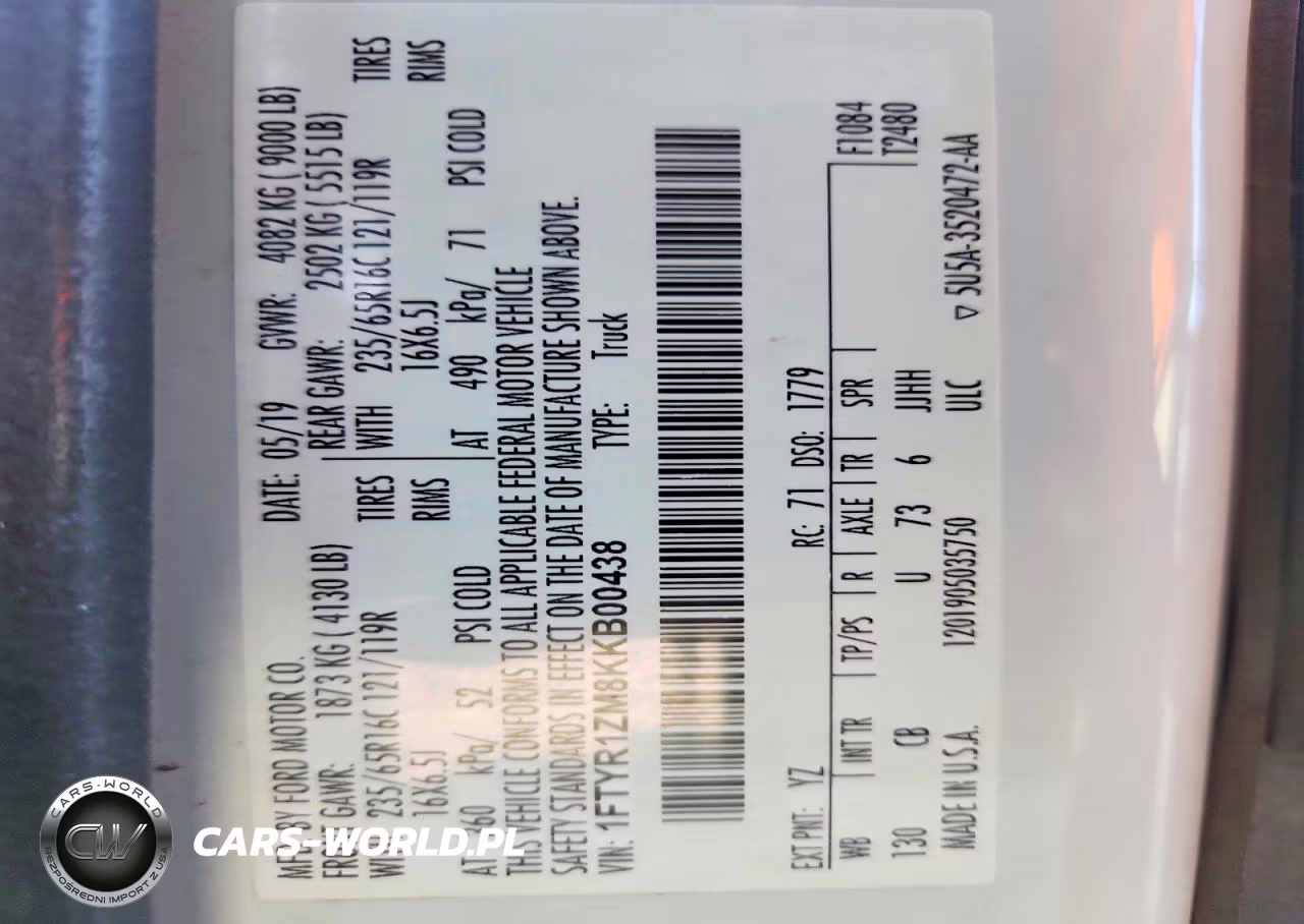 2019 Ford Transit T-250 VIN:1FTYR1ZM8KKB00438 - 12