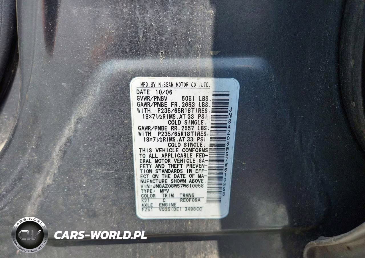 2007 Nissan Murano Sl-Se-S VIN:JN8AZ08W57W610958 - 13