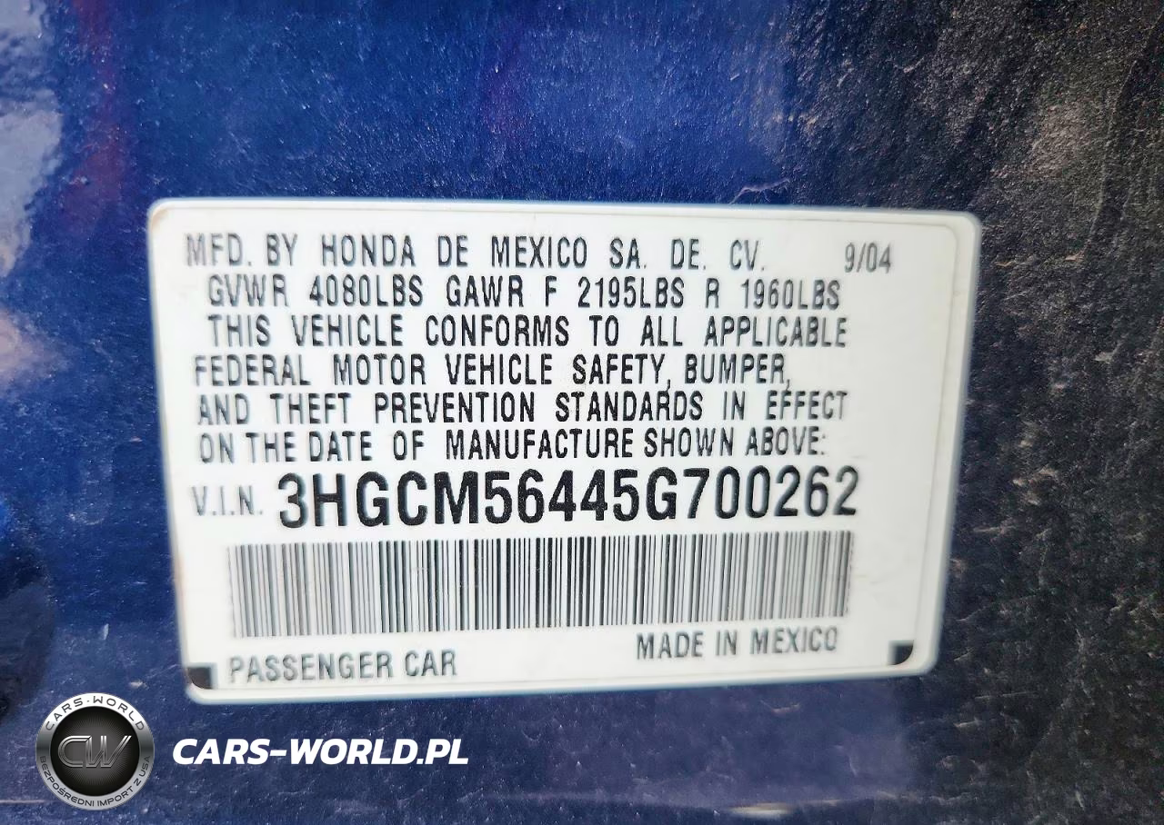 2005 Honda Accord Lx VIN:3HGCM56445G700262 - 12