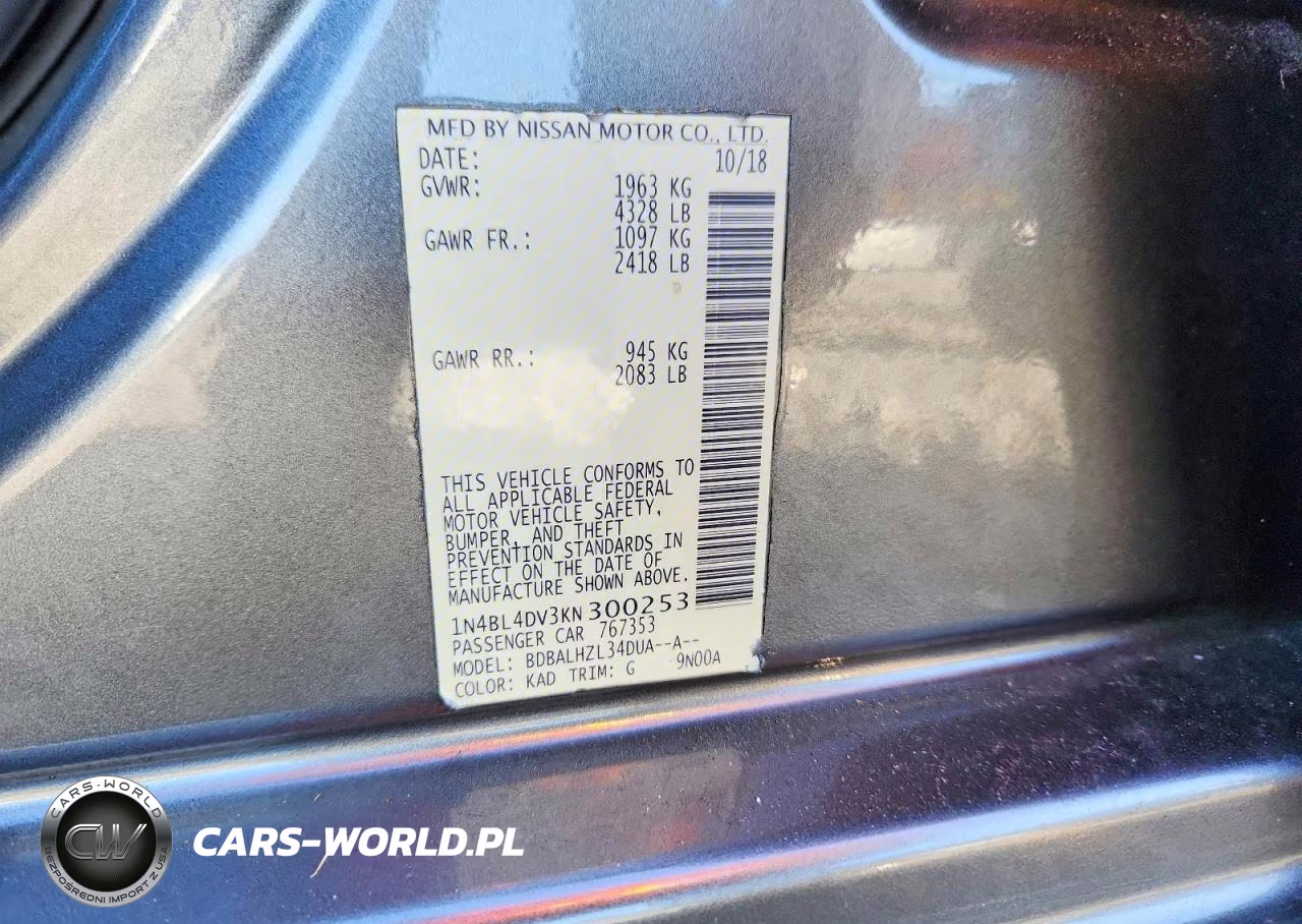 2019 Nissan Altima Sv VIN:1N4BL4DV3KN300253 - 12