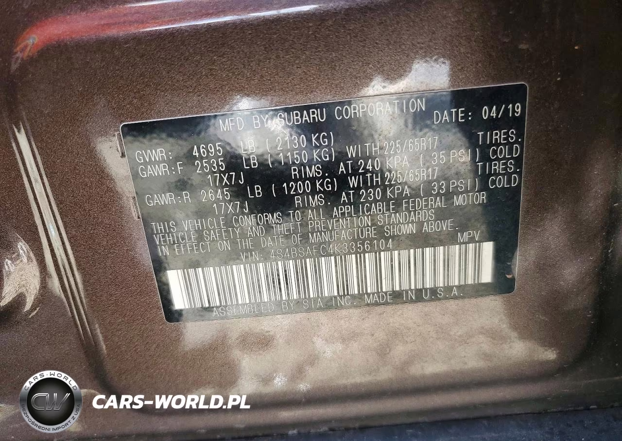 2019 Subaru Outback 2.5I Premium VIN:4S4BSAFC4K3356104 - 13