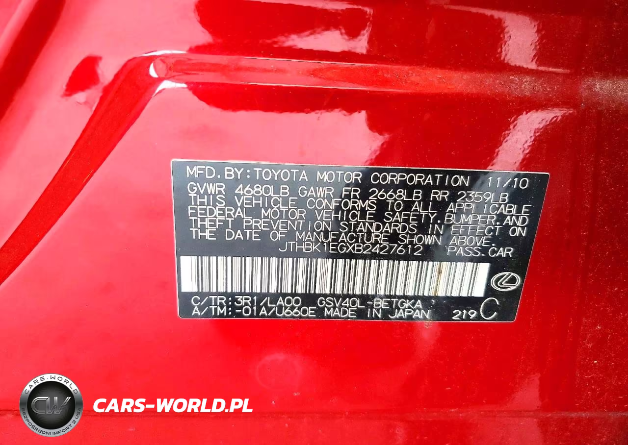 2011 Lexus Es 350 VIN:JTHBK1EGXB2427612 - 12