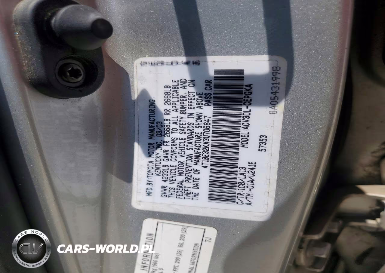 2003 Toyota Camry Xle VIN:4T1BE32KX3U706847 - 12