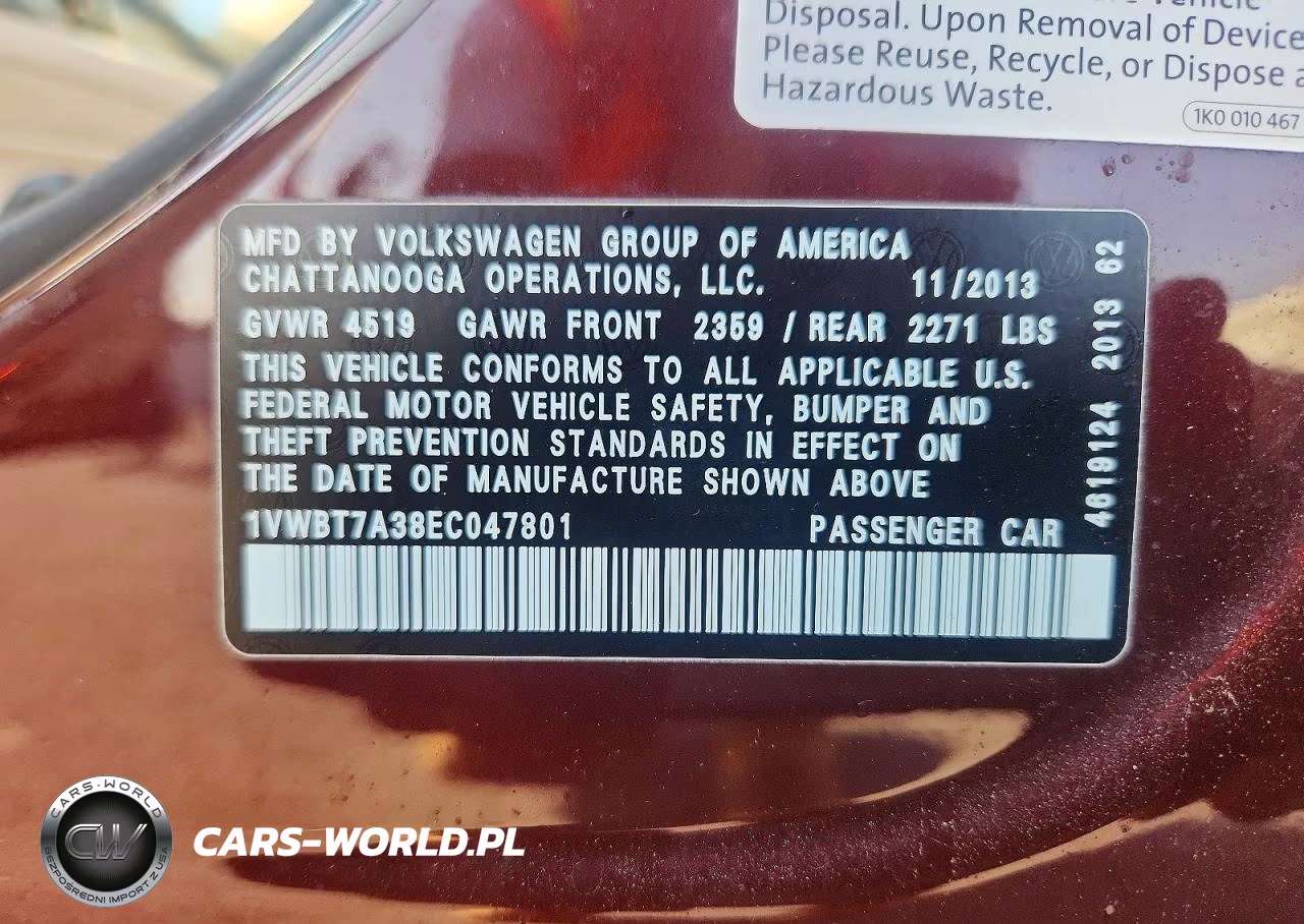 2014 Volkswagen Passat Se VIN:1VWBT7A38EC047801 - 12