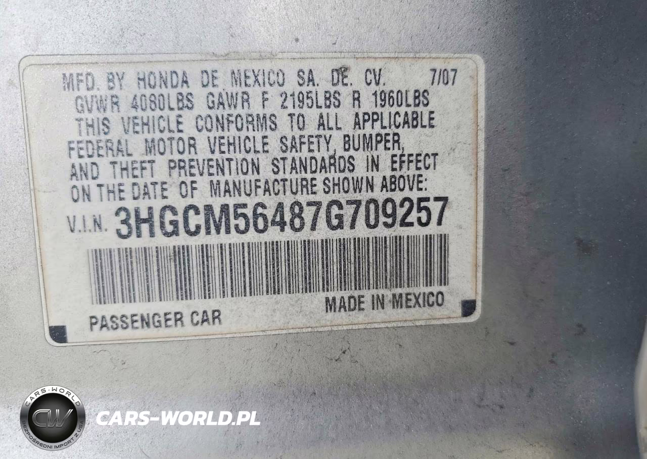 2007 Honda Accord Lx VIN:3HGCM56487G709257 - 12