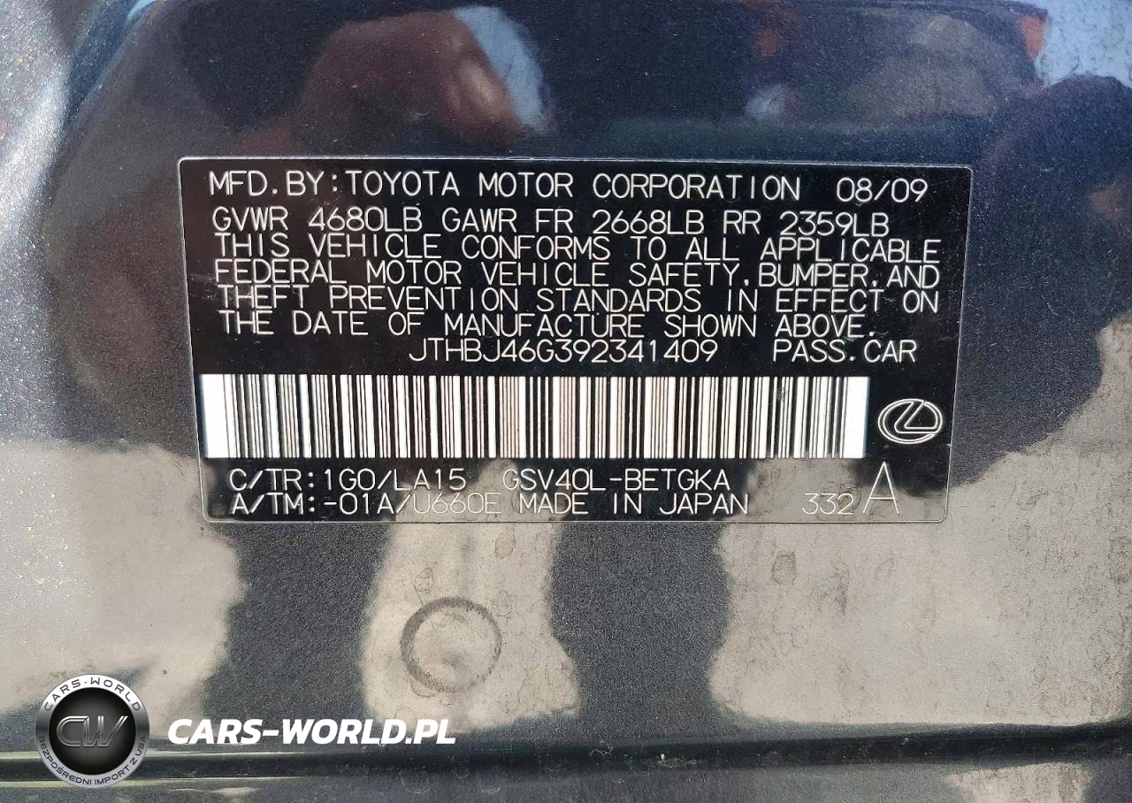2009 Lexus Es 350 VIN:JTHBJ46G392341409 - 12