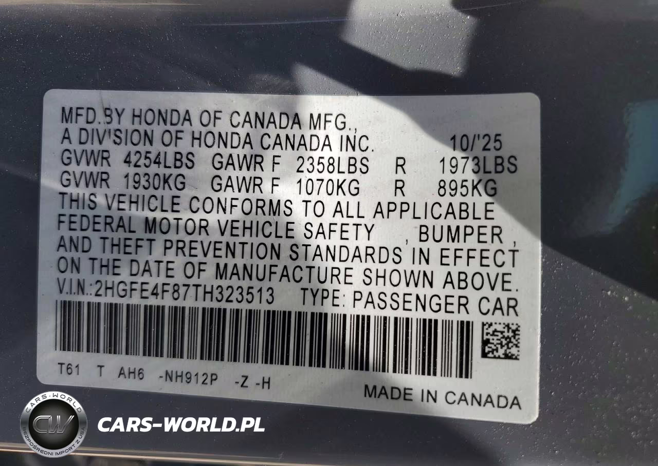 2026 Honda Civic Sport VIN:2HGFE4F87TH323513 - 12