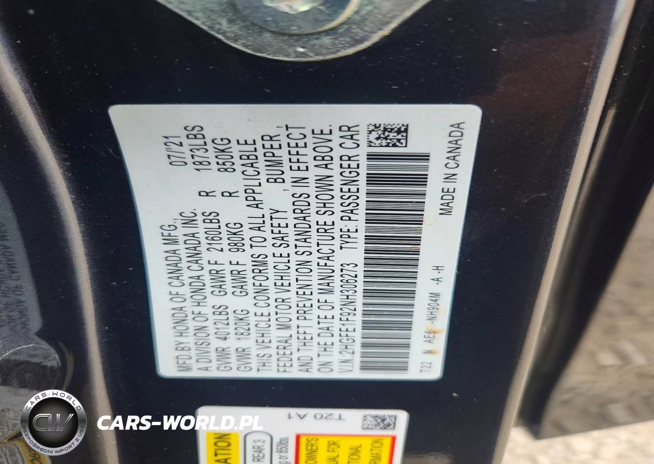 2022 Honda Civic Touring VIN:2HGFE1F92NH306273 - 13