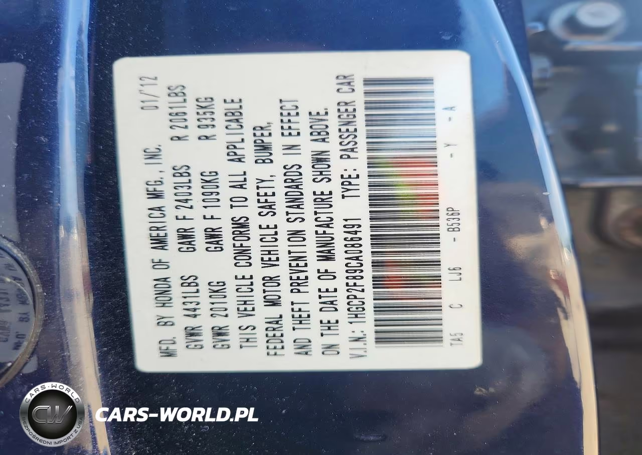 2012 Honda Accord Exl VIN:1HGCP2F89CA086491 - 12