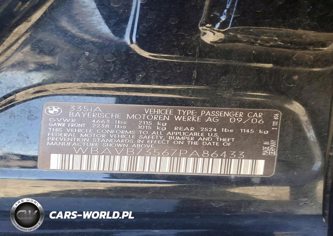 2007 BMW 335 I VIN:WBAVB73567PA86433 - 12