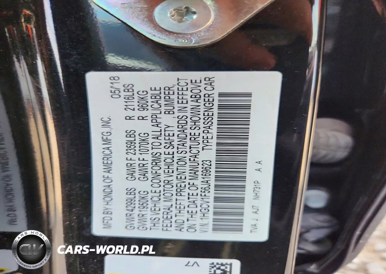 2018 Honda Accord Exl VIN:1HGCV1F56JA169623 - 12