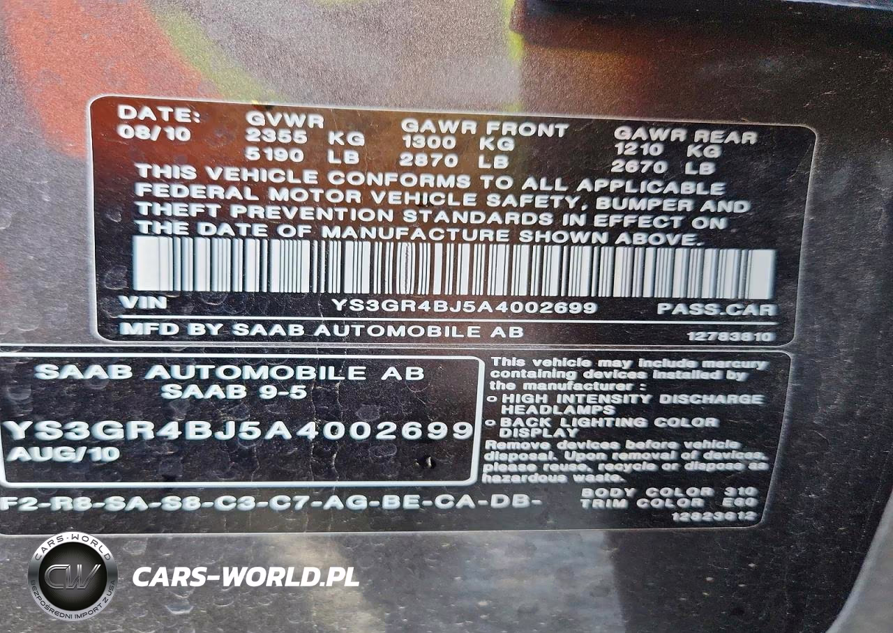 2010 Saab 9-5 Aero VIN:YS3GR4BJ5A4002699 - 12