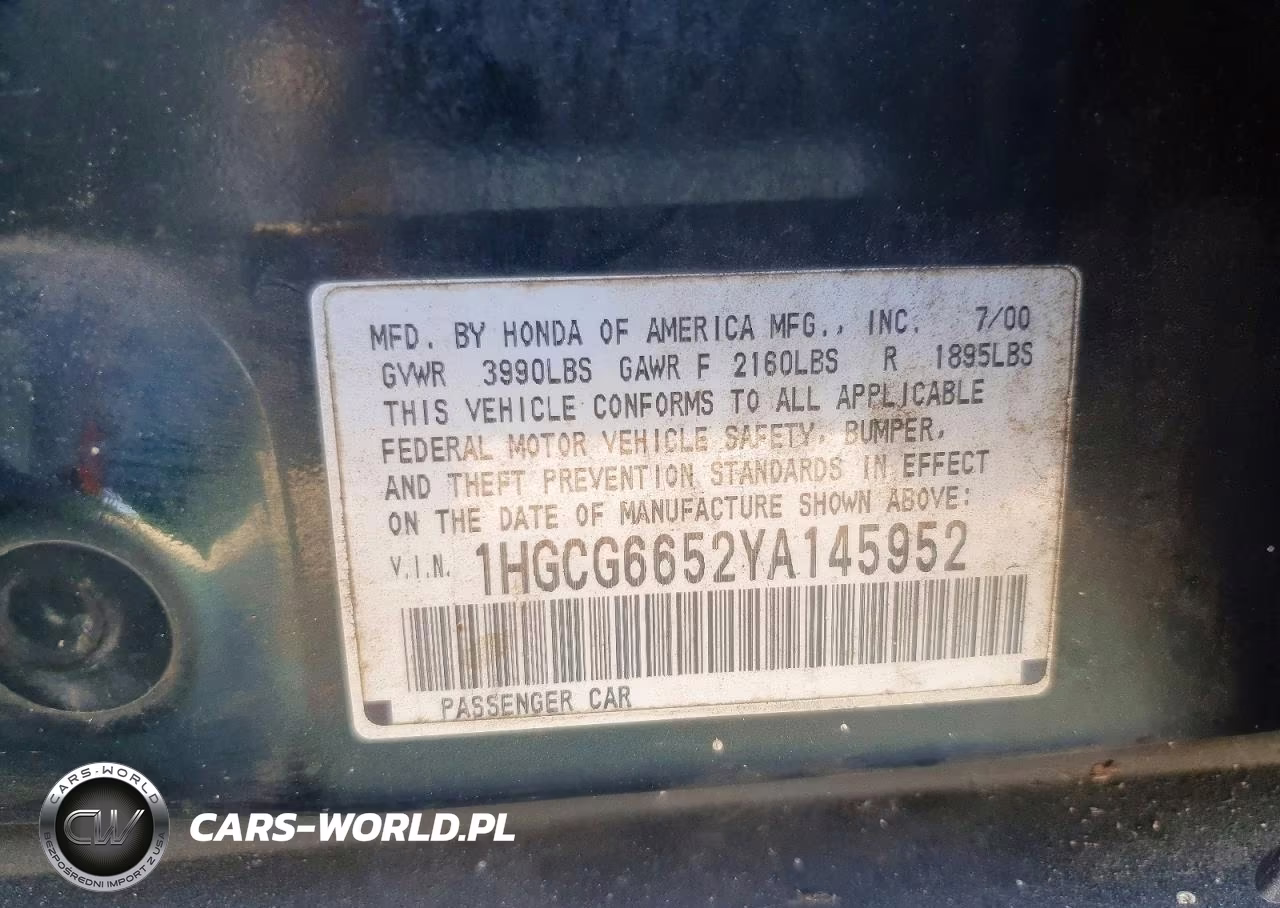 2000 Honda Accord Lx VIN:1HGCG6652YA145952 - 12