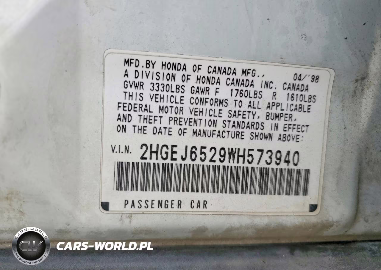 1998 Hond Civic VIN:2HGEJ6529WH573940 - 12