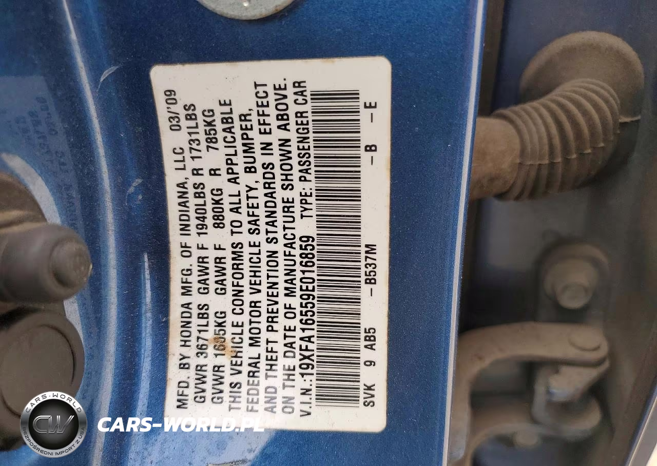 2009 Hond Civic VIN:19XFA16559E016859 - 12